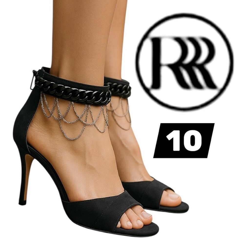 Rachael Rachael Roy Black Suede 4” Heels Open Toe | Chain Details size 10 Sexy